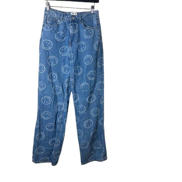 H&M x SMILEY Wide Leg Denim Jeans with Smiley Faces Size 2 - Picture 1 of 11